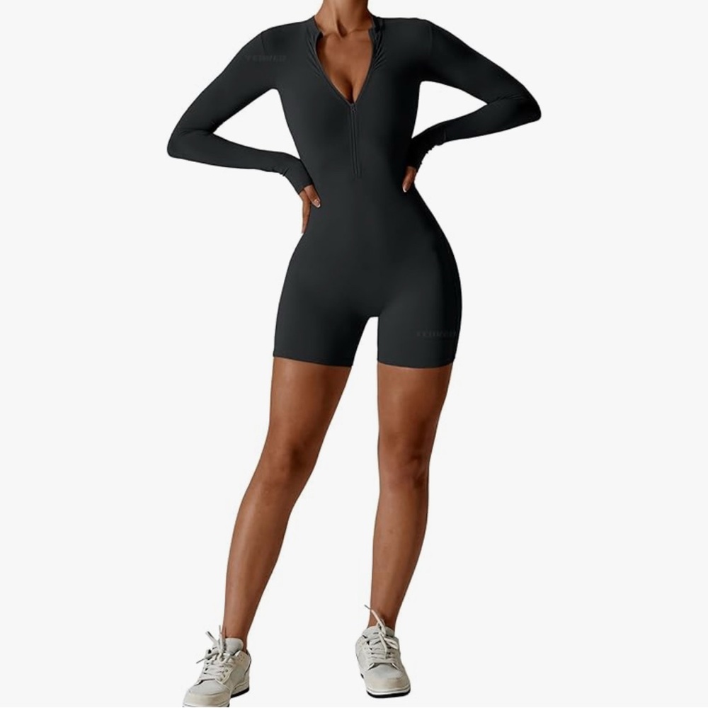 Black workout jumpsuit zip up long sleeve romper